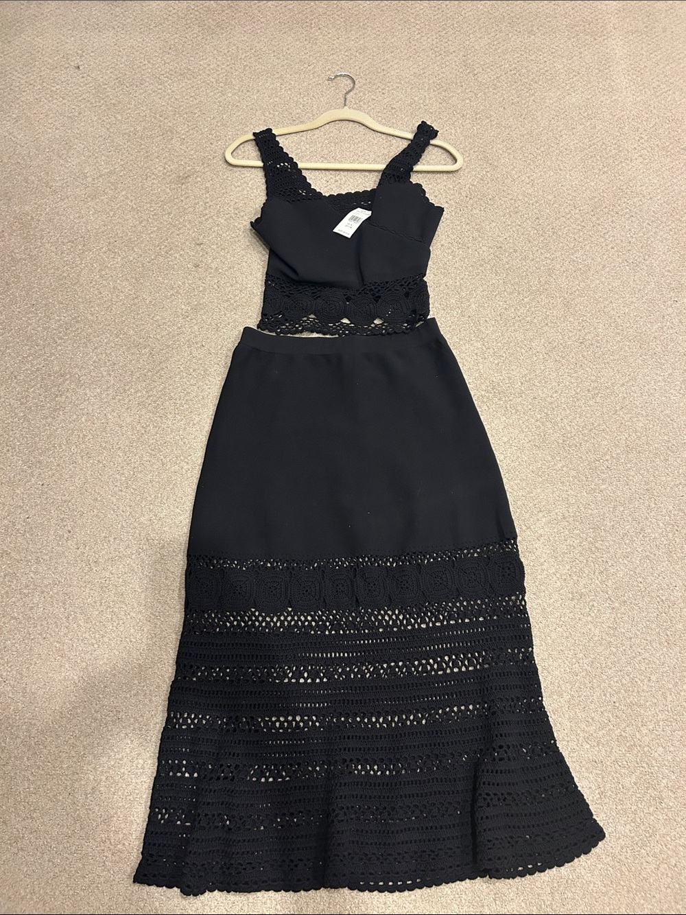 Jonathan Simkha Elegant Black Crochet-Trim tank and skirt set